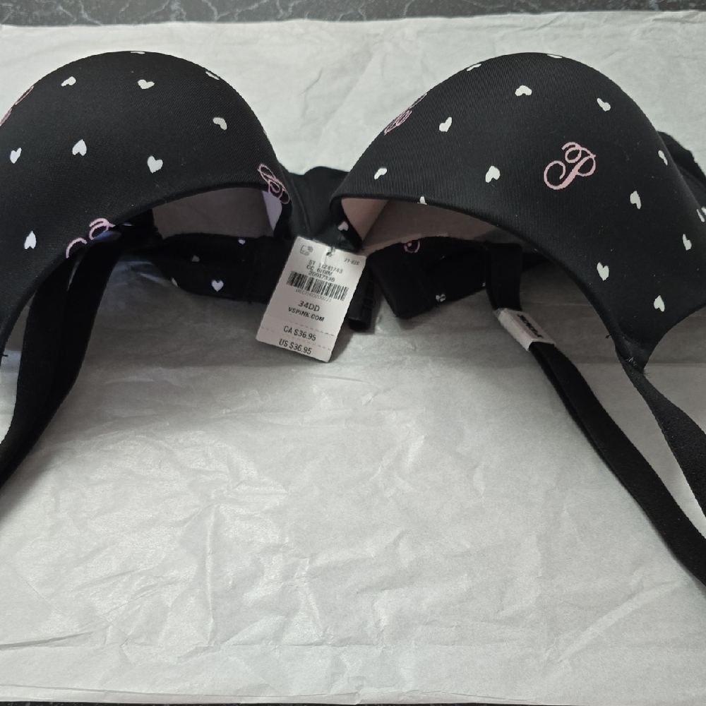 PINK Victoria's Secret Black and White Polka Dot Bra 34 DD NEW NEVER WORN